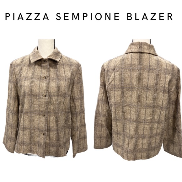 Piazza Sempione Blue & Brown Wool Boxy Buttondown Blazer Size S/M Vintage Womens - Picture 1 of 7